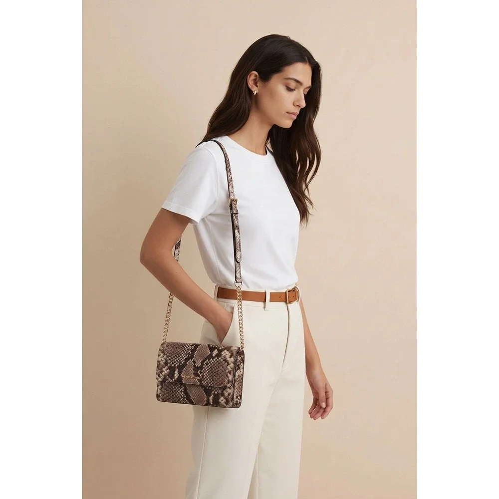 Michael Kors Jet Set Travel Large Phone Crossbody Snakeskin Gold Chain